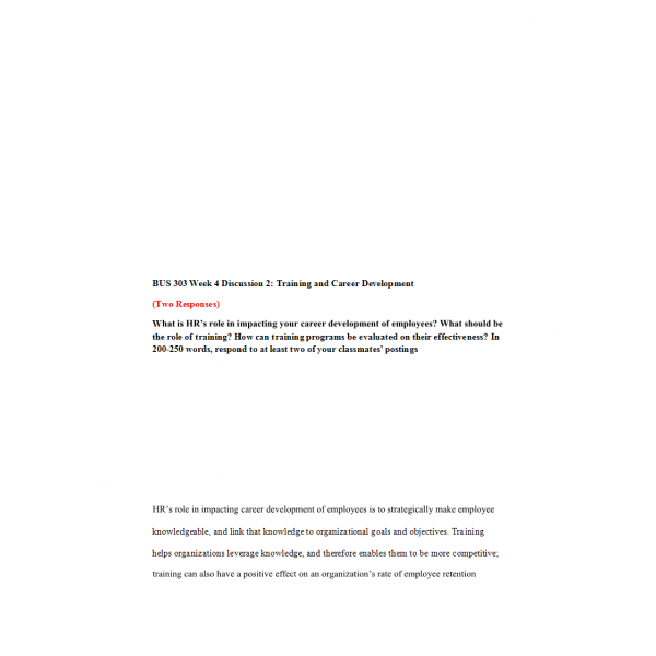 BUS 303 Week 4 Discussion 2, Training and Career Development