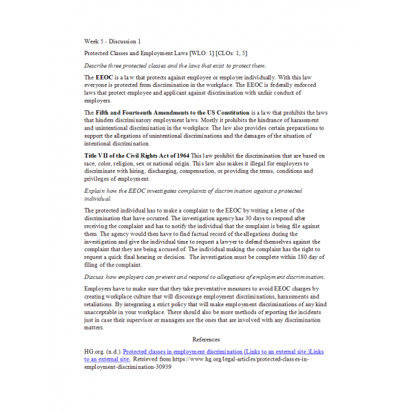 BUS 303 Week 5 Discussion 1, Protected Classes and Employment Law