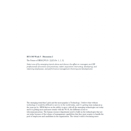 BUS 303 Week 5 Discussion 2, The Future of HRM