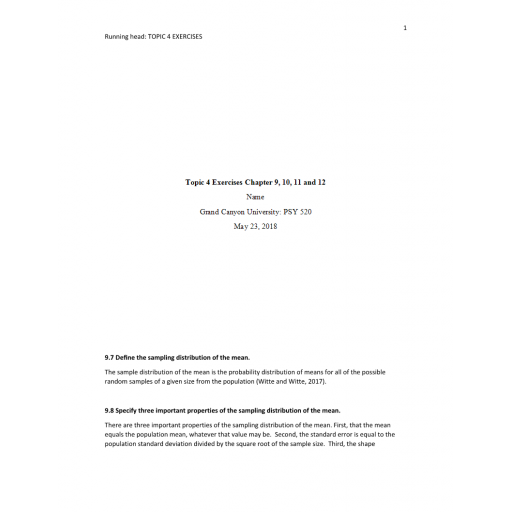 PSY 520 Topic 4 Exercise 3, Chapter 9, 10, 11 and 12