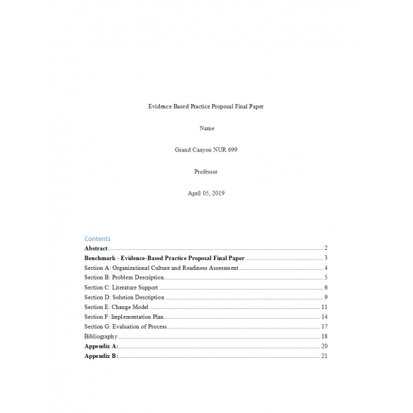 NUR 699 Week 7 Assignment 1, Evidence Based Practice Proposal Final