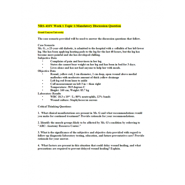 NRS 410V Week 1 Discussion Question, Case Scenario -Ms NRS 410V Week 1 Discussion Question, Case Scenario -Ms