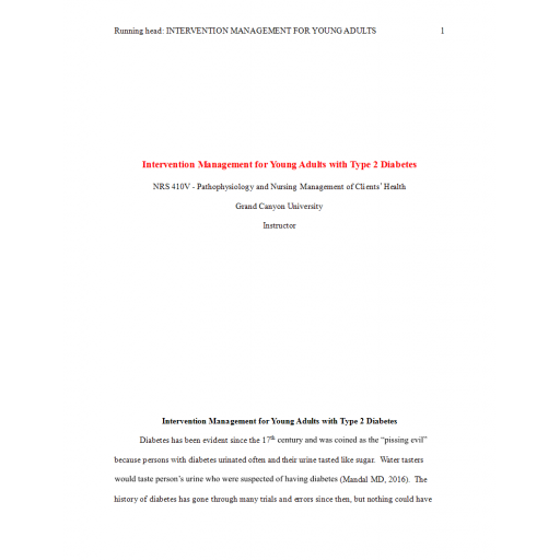 NRS 410V Week 5 Benchmark Assignment, Evidence-Based Practice Project; Diabetes 1