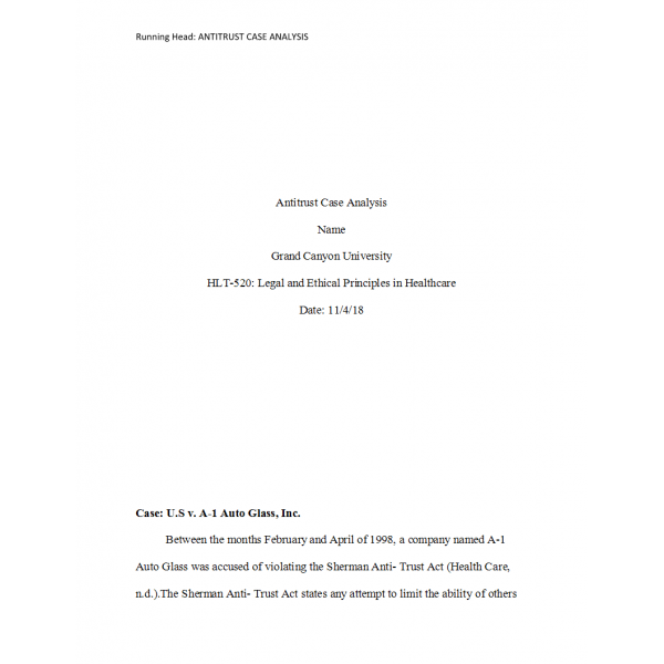 HLT 520 Week 6 Assignment, Antitrust Case Analysis