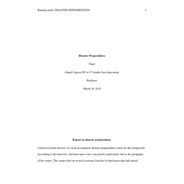 HCA 675 Week 7 Assignment, Disaster Preparedness HCA 675 Week 7 Assignment, Disaster Preparedness